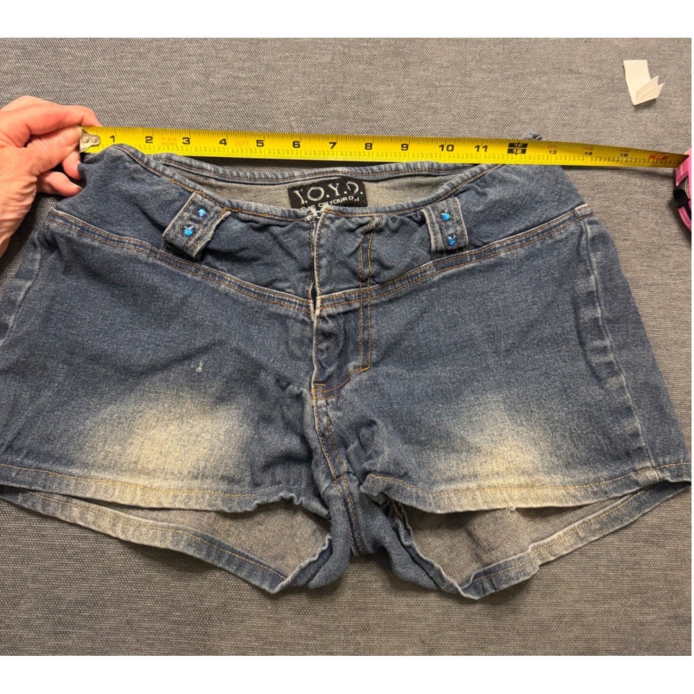 Y.O.Y.O. Youre On Your Own Blue Denim‎ Rhinestone Low Rise Shorts Y2K Vintage